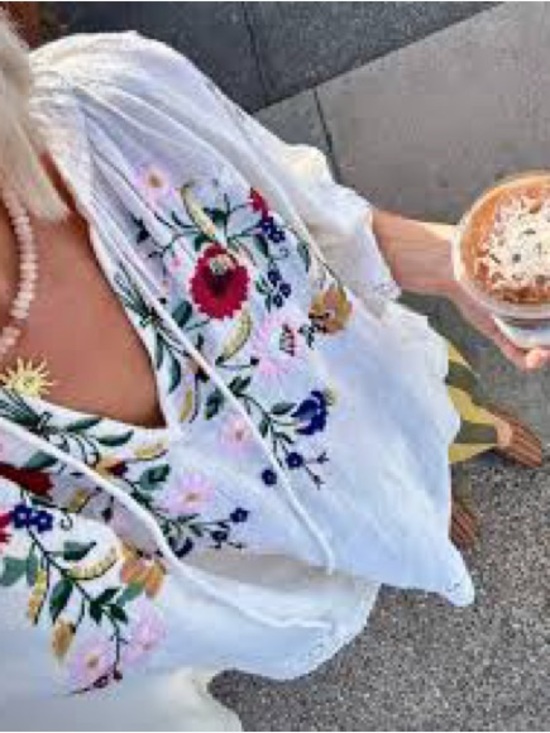 Jennifer & Grace Tops - White V-Neck Embroidered Tunic Top with Floral Detail